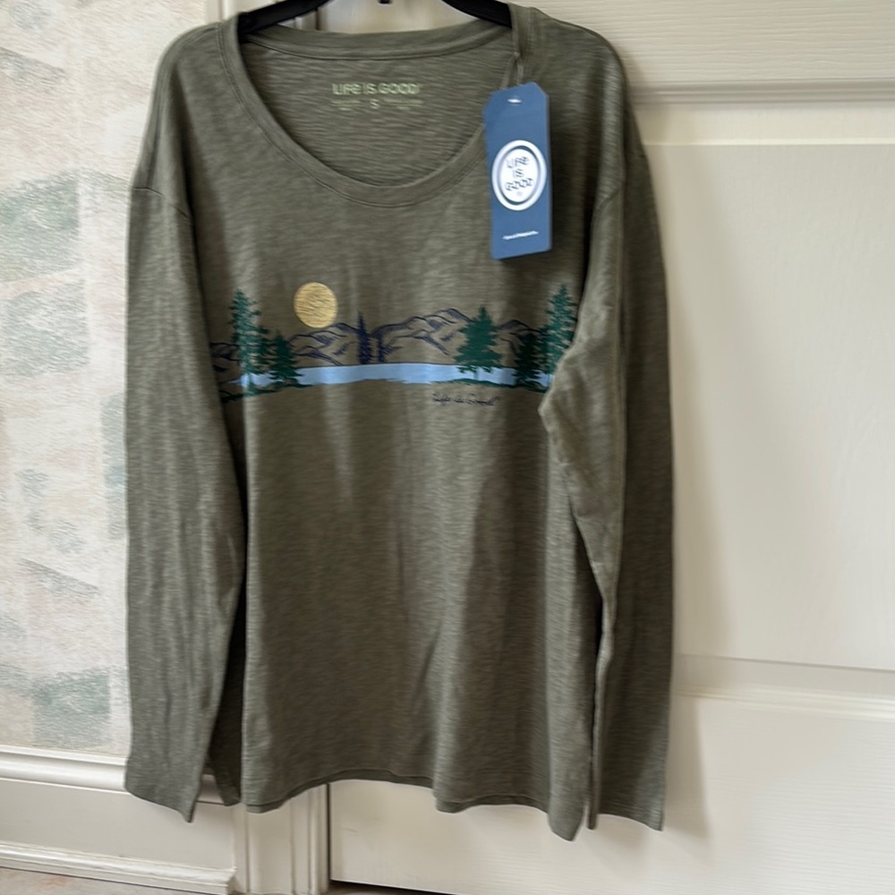 Life Is‎ Good Olive Green Long Sleeve Tee NWT Women Small